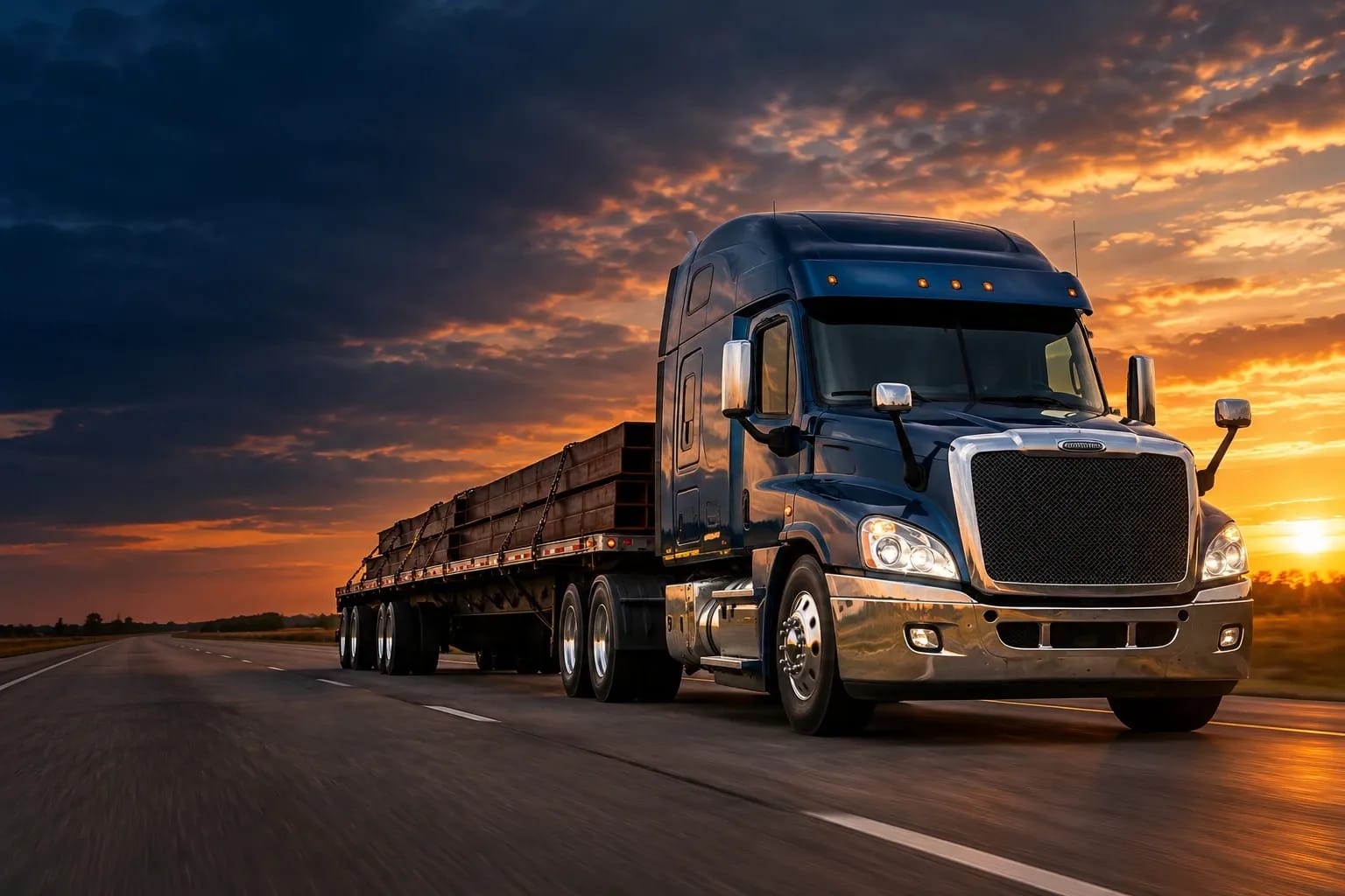Flatbed truck loaded with steel