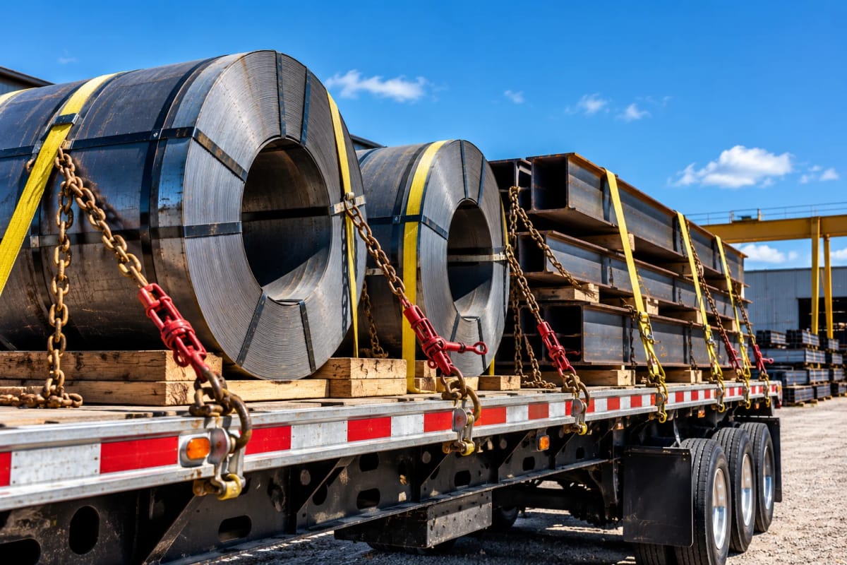Steel loaded on a flatbed trailer