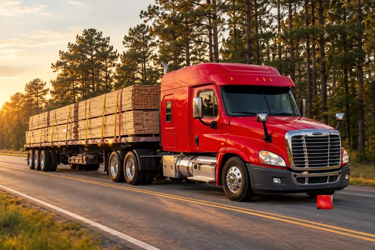 Full truckload of lumber on a flatbed